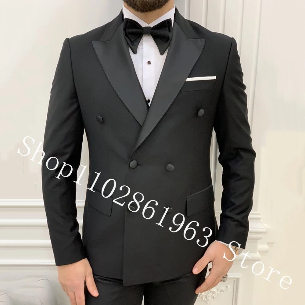 

Black Men Suits Double Breasted Peak Lapel 2 Pieces Best Men Groom Wear Tuxedos For Wedding Blazer Pants Costume Homme Mariage