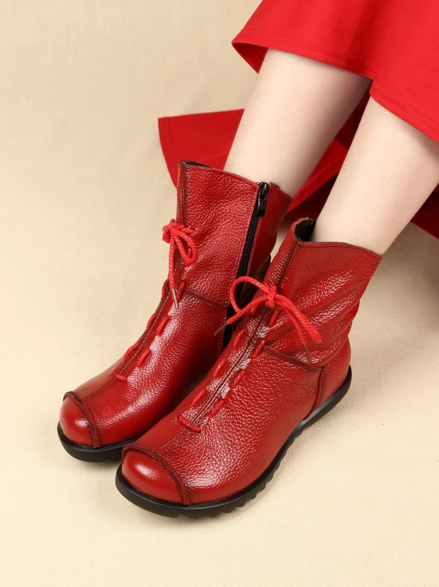 Autumn Winter Women's Boots Genuine Leather Waterproof Outdoor Leisure Snow Boots Women Non-slip Warm Flat Ankle Boots Plus Size