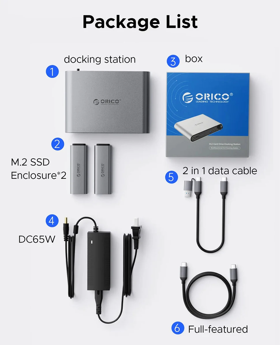 ORICO 2 Bay M.2 SSD External Case USB3.2 Docking Station 10Gbps Type C NVMe SATA Enclosure M2 Hard Drive 4K60Hz Triple Display 6
