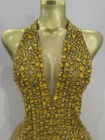 Luxury Golden Rhinestone Sexy Mesh Stretch Bodysuits Women Birthday Dancer Performance Stage Wear Nightclub Team Hotwife Outfit - Image 5