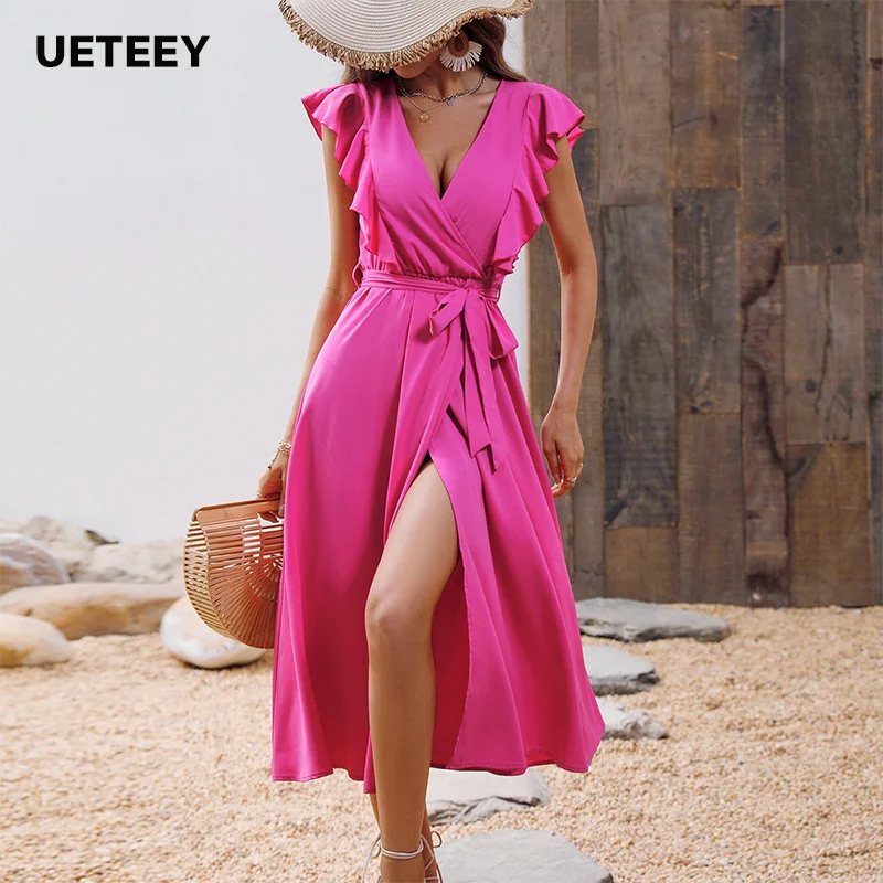 

Popular Summer Ruffle V-Neck Lace Up Split Dress
