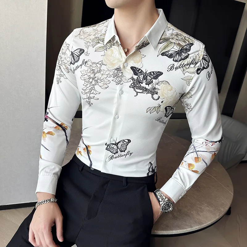 

Fashion Butterfly Printed Shirt for Men 2023 Summer Long Sleeve Casual Shirts Streetwear Social Party Nightclub camisa masculina