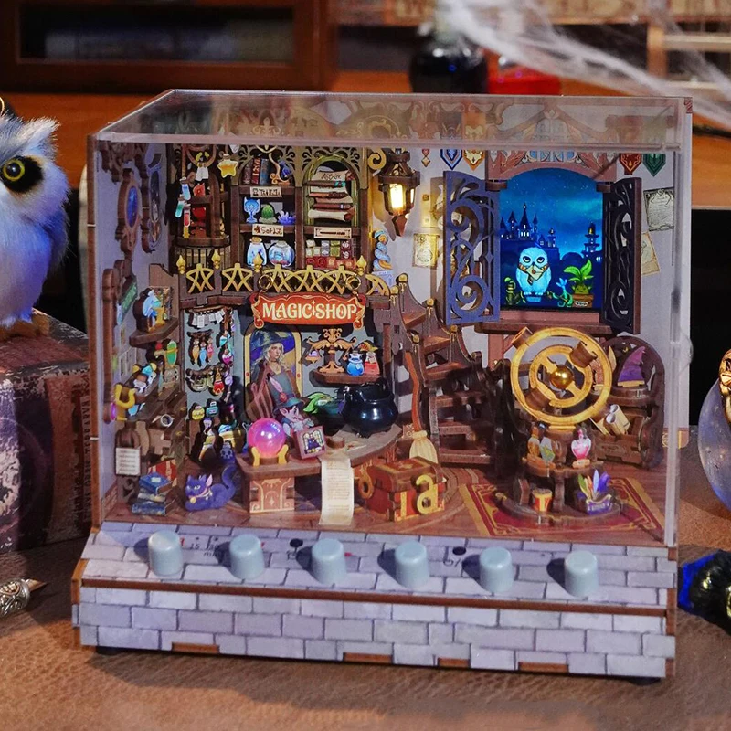 DIY Wooden Doll Houses Magic Shop Casa Miniature Building Kits with Music Sound USB Power Dollhouse for Girls Birthday Gifts 3