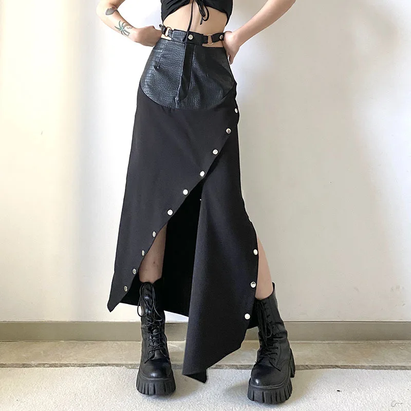 

SuperAen 2024 Spring New Spliced PU Leather High Waist Split Long Skirt Women's Streetwear Design Long Skirt