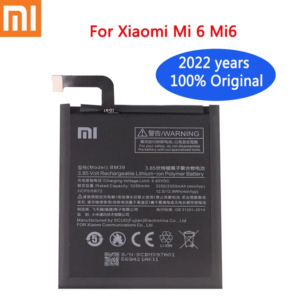 

2022 Years New Xiao mi Original Battery BM39 For Xiaomi 6 Mi 6 Mi6 3250mAh Phone Replacement Batteries