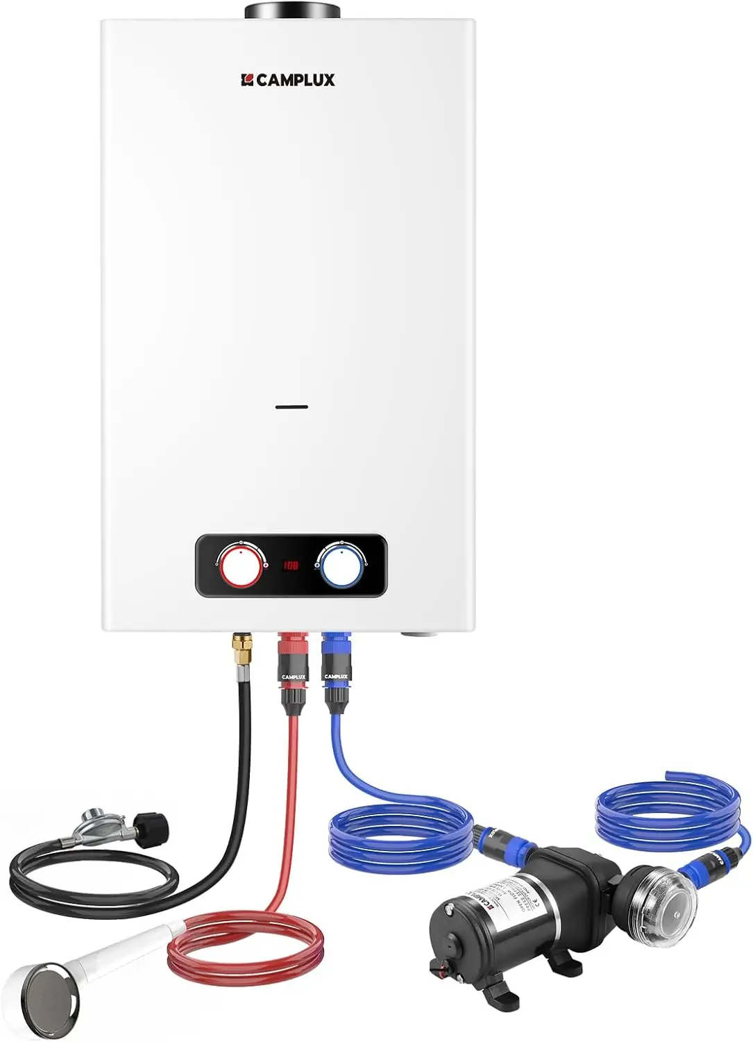 Tankless Water Heater 4.22 GPM Propane Water Heater Outdoor with 3.3 GPM Pump & Pipe Strainer for Off Grid Cabins