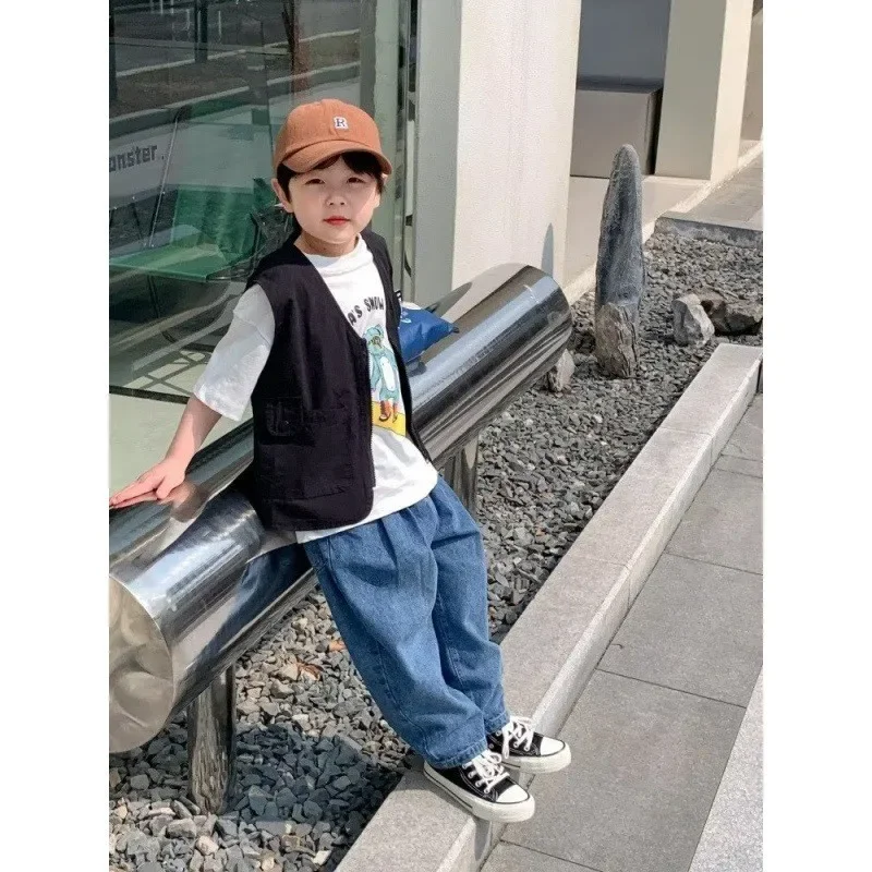 남아용 더블 레이어 조끼, 스트리트 스타일 재킷, 세련된 트렌디, 어린이 용수철, 가을 조끼, 2022 신상