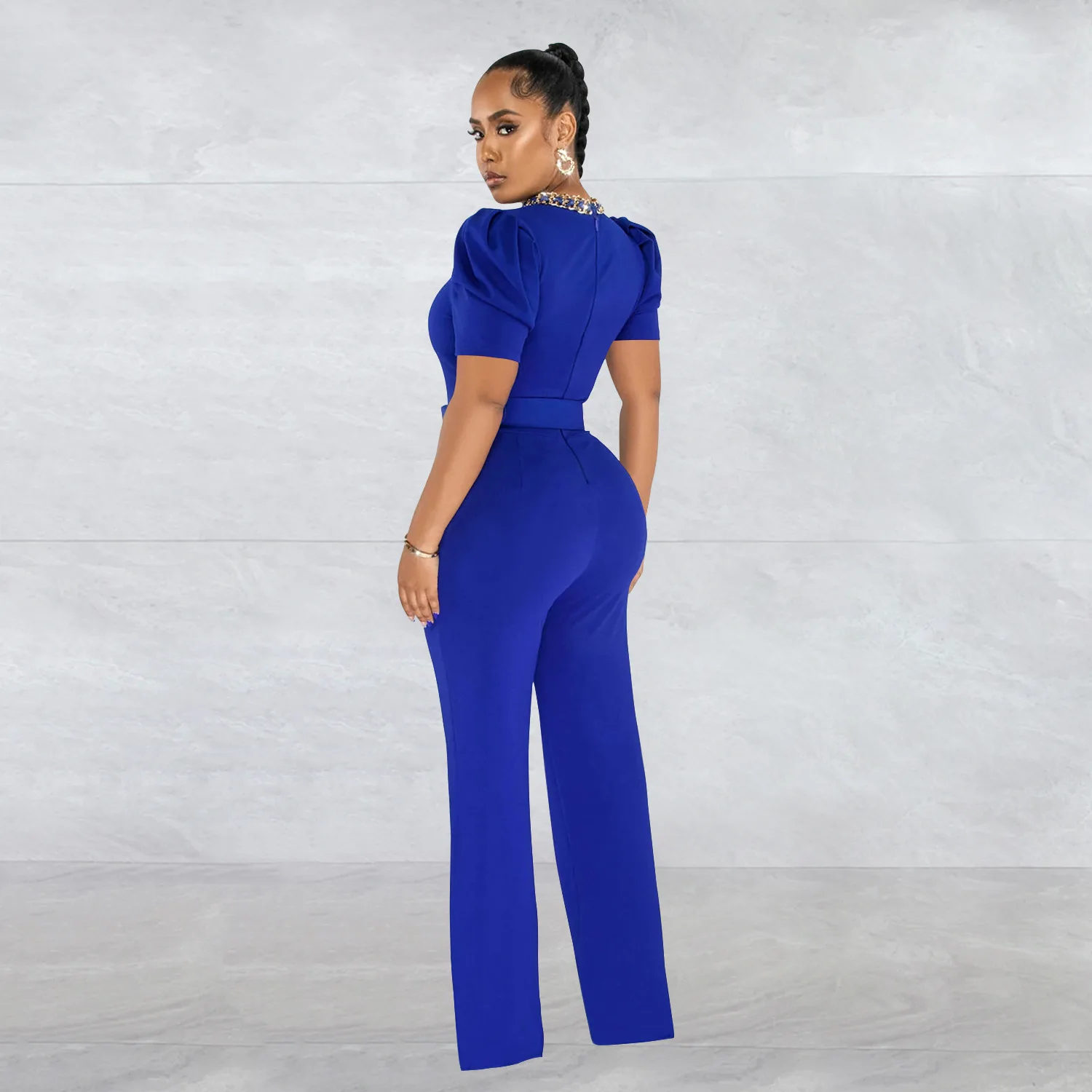 Women's Fashion Solid Color Chain Short Sleeve Belt Jumpsuit