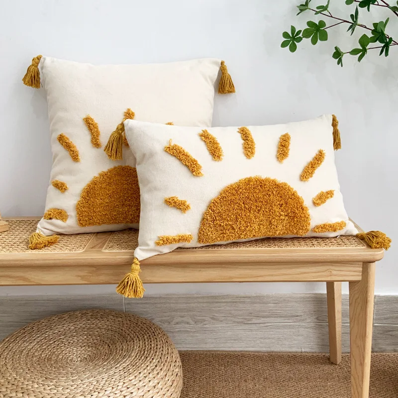 Sun Tufted Cushion Cover Cotton Canvas Decorative Pillows for Sofa