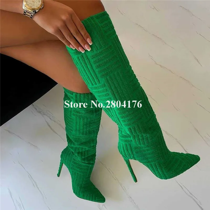 

Newest Green Yarn Knee High Boots Sexy Pointed Toe Stiletto Heel Blue Pink Long High Heel Boots Western Thin Heel Boots