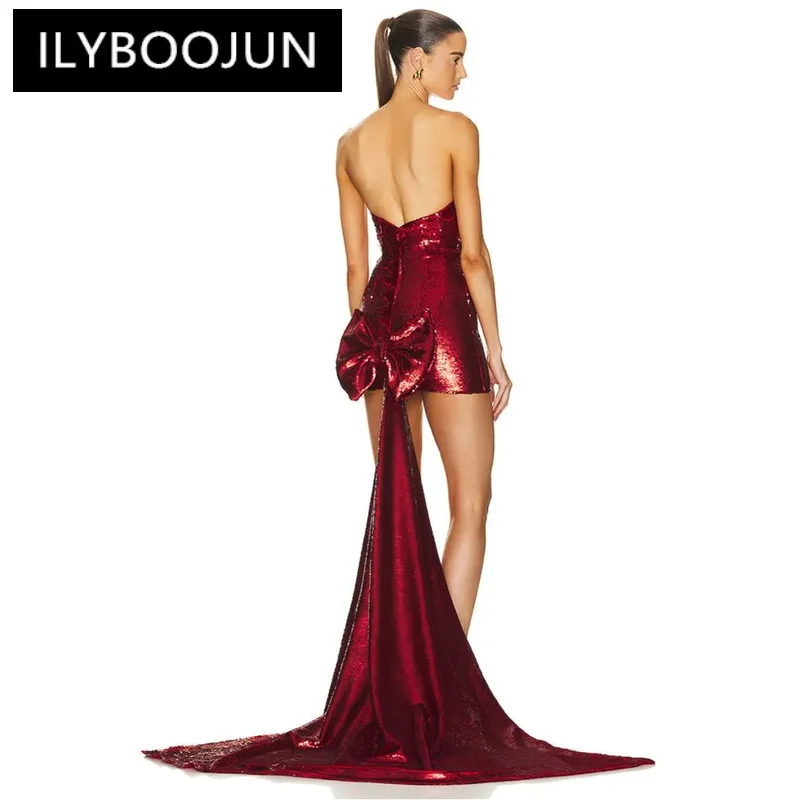 

ILYBOOJUN Women Christmas Sexy Backless Strapless Mesh Sequins Red Bow Tie Gowns Celebrity Elegant Evening Party Club Dress