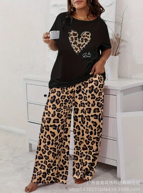 Women Fashion Suits 2024 Spring Summer Last Leopard Print Printed Round Neck Short Sleeved T-Shirt+Long Pants Home Two-Piece Set