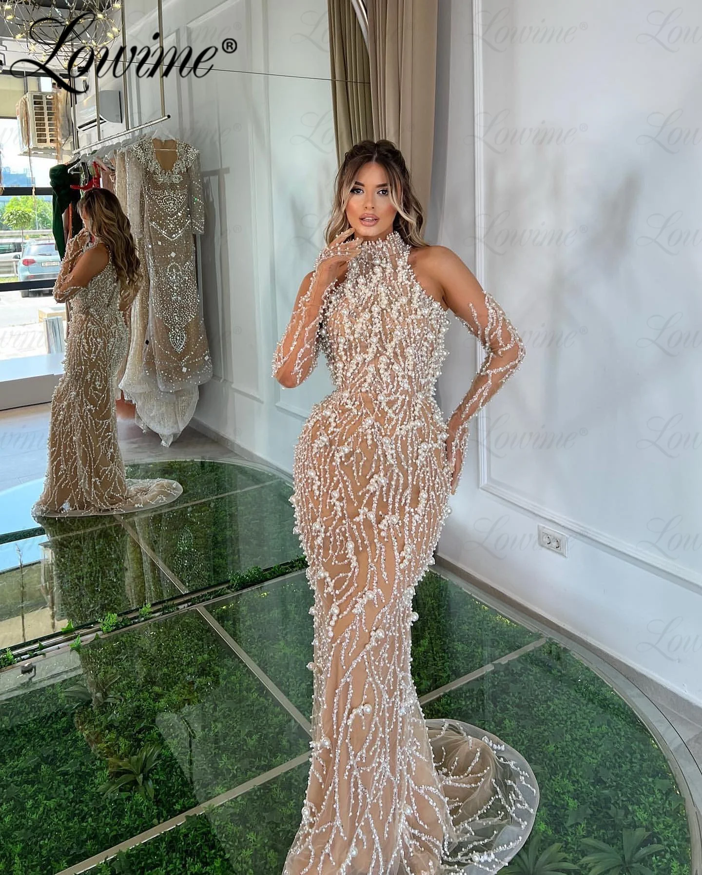 

Champagne High Neck Evening Dresses Arabic Pearl Sequins Mermaid Celebrity Dresses African Customize Party Prom Dress Gowns Long