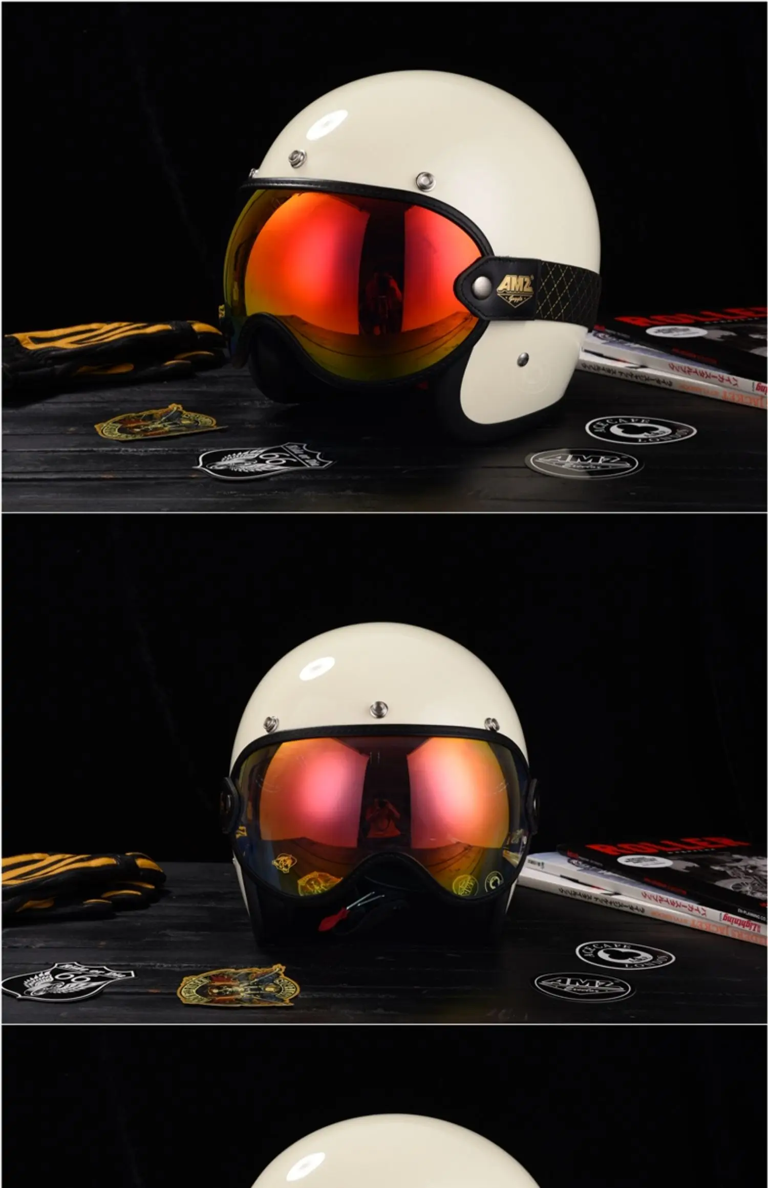 AMZ ヘルメット Amzモーターサイクルフルヘルメットゴーグル、レトロフロント、3