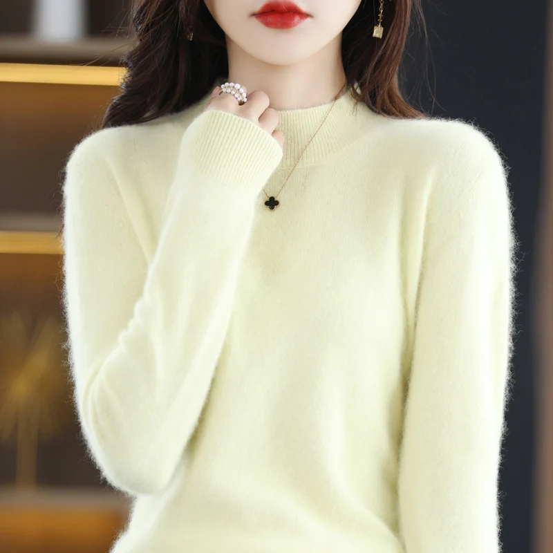 

Mink Cashmere Pullover Autumn/Winter Half High Neck Sweater Casual Solid Basic Blouse Loose Women's Tops Overside Knitwear