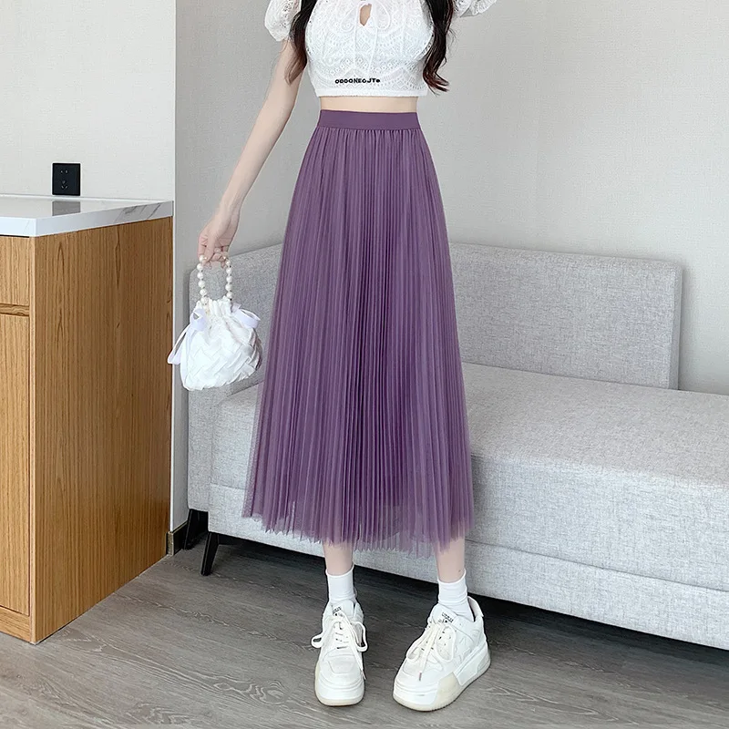 Women Solid High Waisted Skirt Many Colors Mesh Tulle A-line Midi Skirt With Lining for Spring Summer