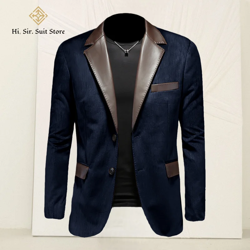 Hot Mens Blazer Jacket Faux Leather Suit Jacket Casual 2 Buttons Suede Sport Blazer Patchwork Leather Collar Coat Business Party