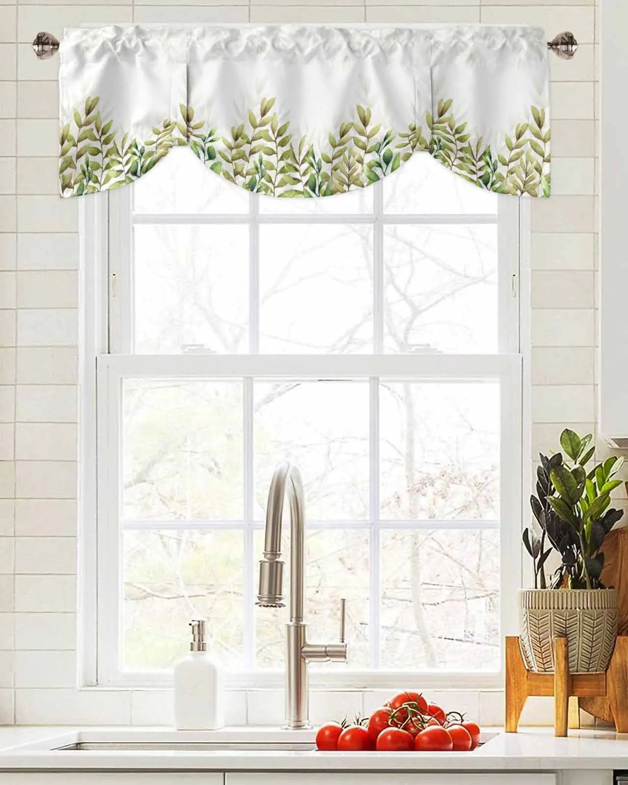 

Summer Plant Leaves Watercolor Window Curtain Living Room Kitchen Cabinet Tie-up Valance Curtain Rod Pocket Valance