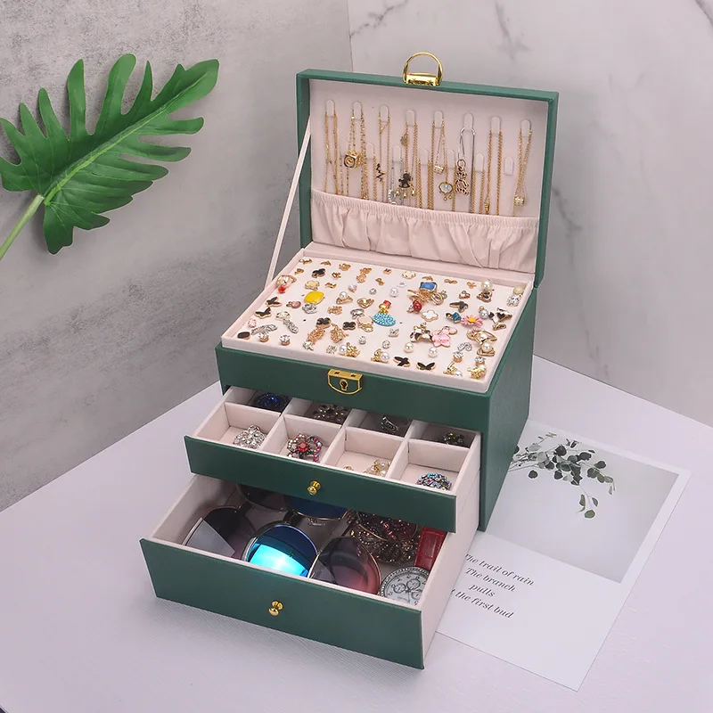 

Smart Organizer 3-Layer Jewery PU Box with lock for Woman Girl Wife for Earrings Bracelets Rings Watches