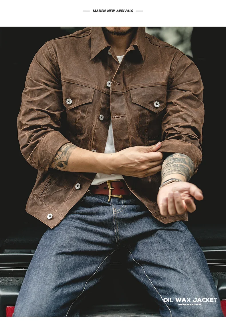 Retro Male Oil Waxed Jacket - Khaki Canvas Military Style Coat