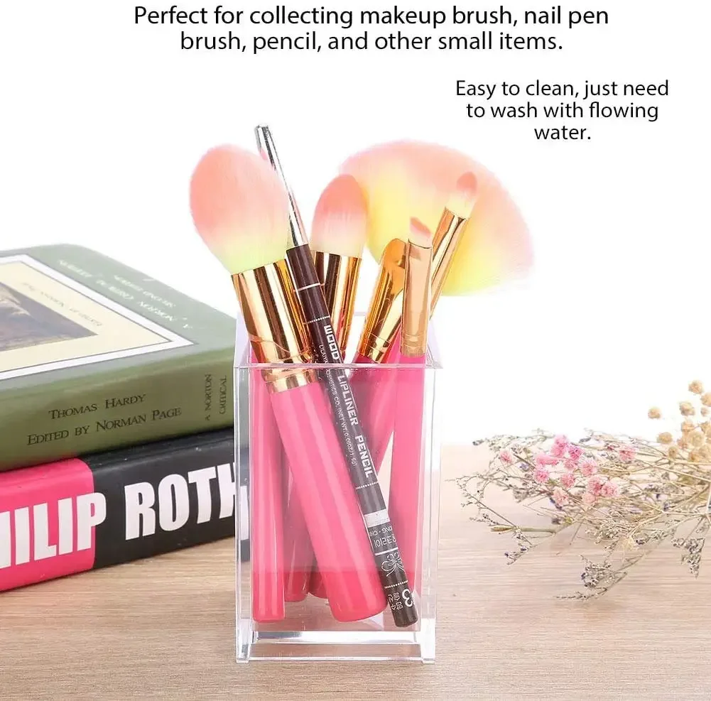 YANGMING 3 PCS Acrylic Pen Holders - Clear Square Makeup Brush Organizer For Desk, School, Office