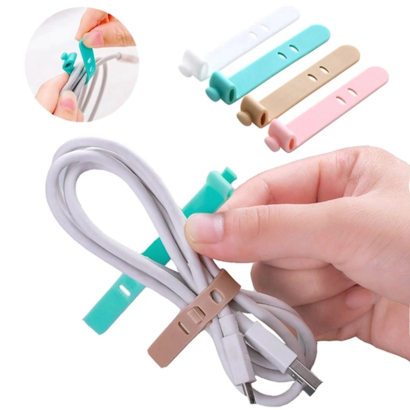 

Soft 4pcs Silicone Straps Data Cable Tape USB Wire Cable Tie Cable Organizer Bobbin winder For iphone Android Charging earphone