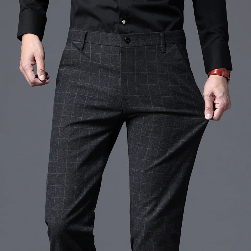 Casual Pants Autumn New Men's Slim Plaid Casual Pants Fashion Soft Stretch Business Work Trousers Gentleman Brand Clothes Black Blue