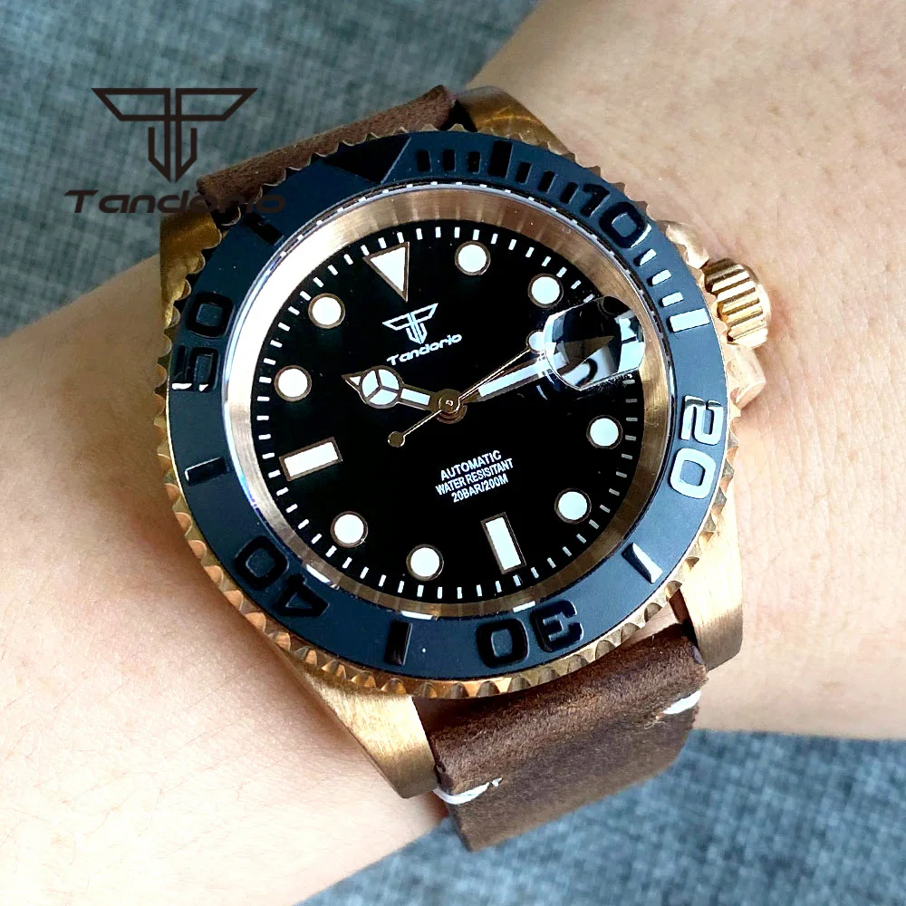 Tandorio Solid CUSN8 Bronze PT5000 NH35A 40mm Automatic Men's Wristwatch Black Dial Sapphire Glass Rotating Bezel Leather Strap