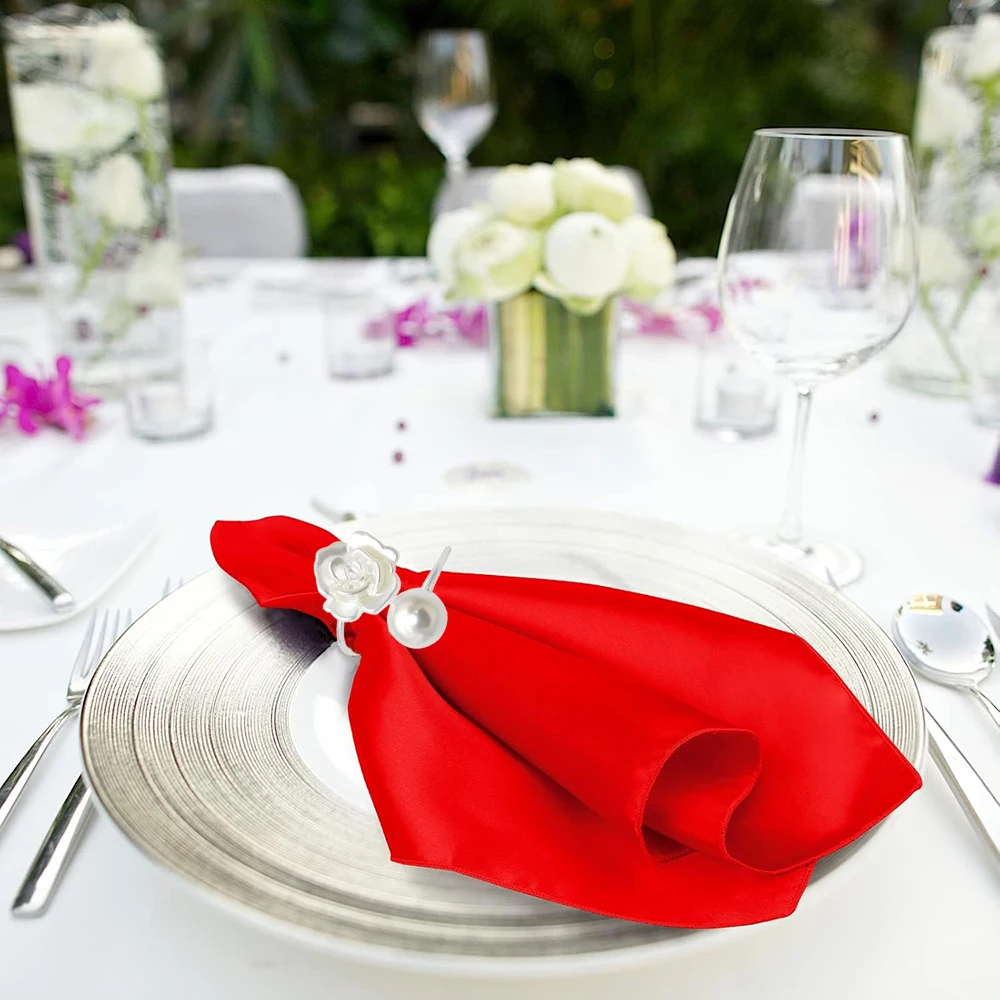 100Pcs Silver Napkin Rings Pearl Rose Napkin Ring Holder for