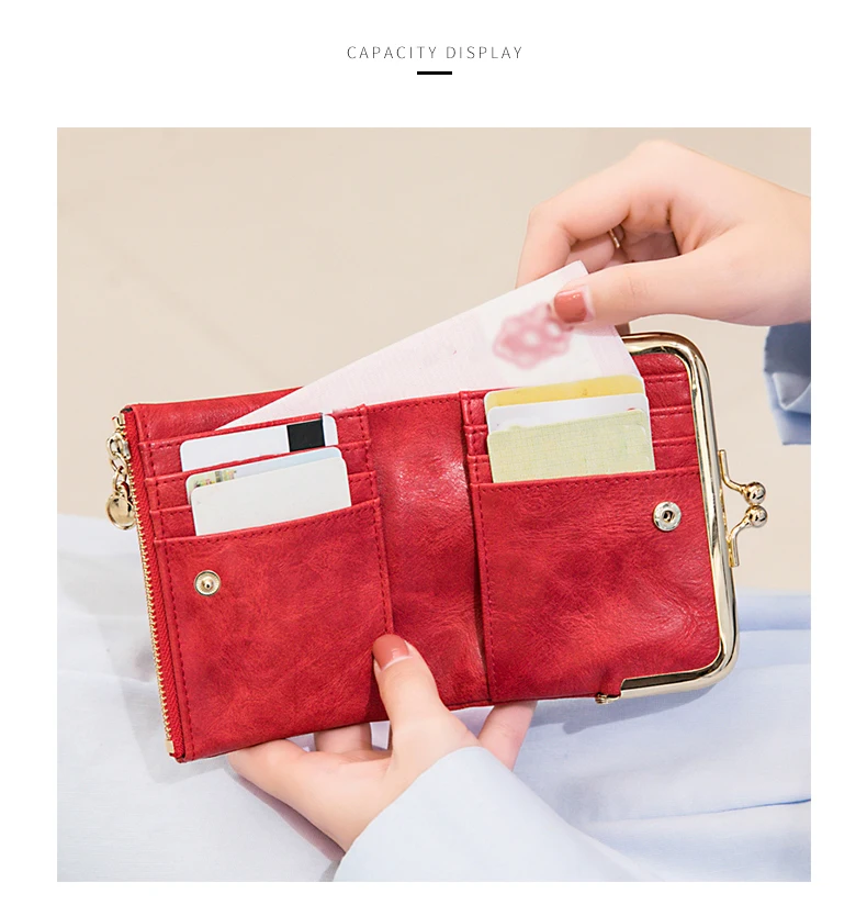 Neue Clip Damen Zero Wallet Retro Multifunktionale Doppelfalt-Lederbrieftasche mit mehreren Kartenfächern, Reißverschluss und Kussverschluss. – Detail 2