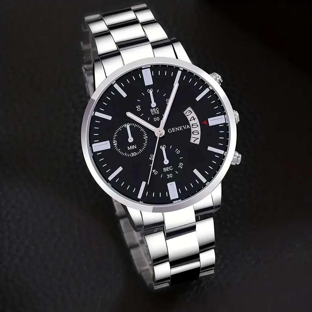 Kegllect 3PCS Men Quartz Watch Business Fashion Mental Wrist  Stainless Steel Strap and Necklace Bangle Set Ideal for Boys 5