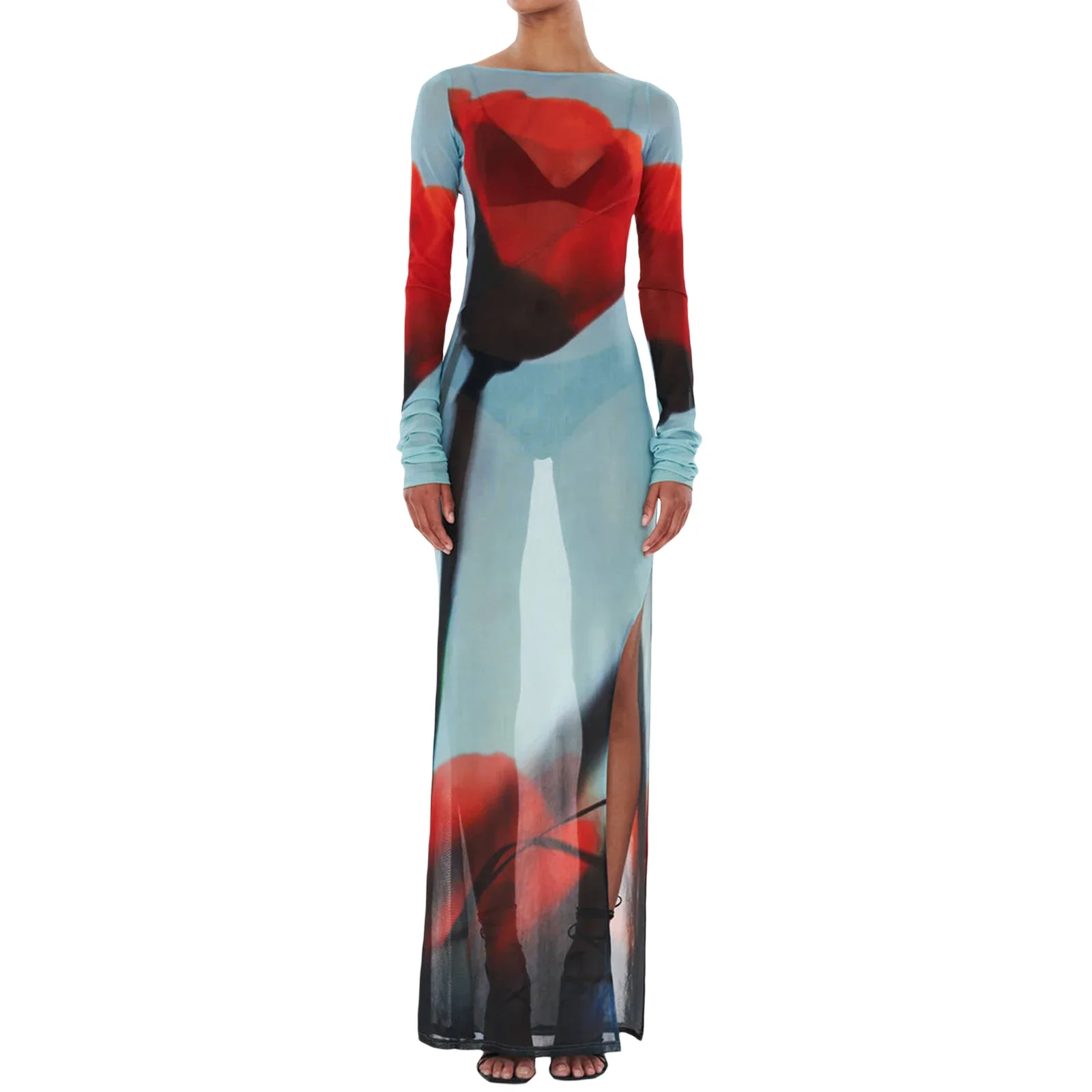 2024 New Sexy Women’s Slim Fit Long Dress Cover-Ups Sheer Mesh Long Sleeve Floral Print Beach Dress Side Split Bikini Cover-Ups