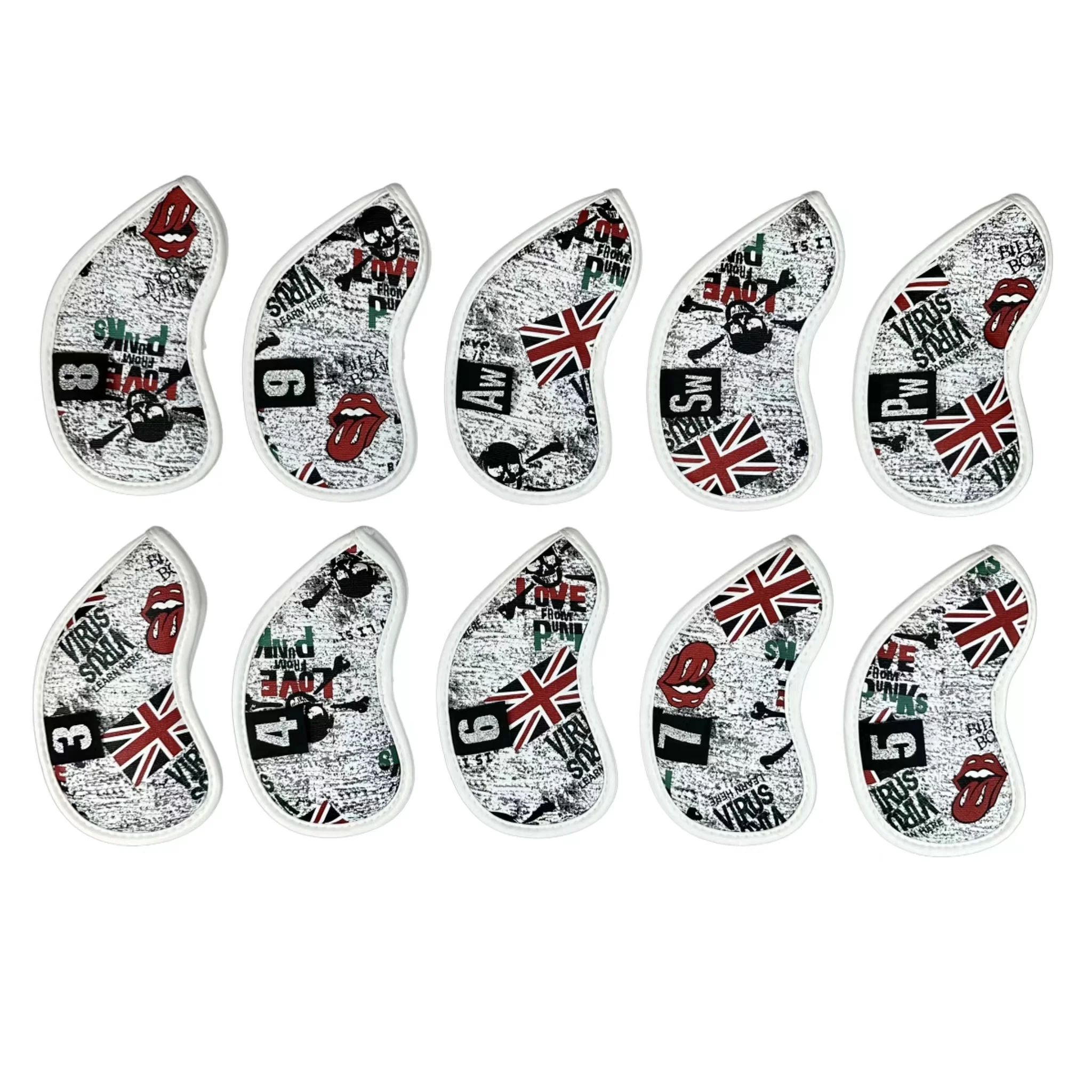 10Pcs Golf Iron Headcover UK Flag Skull With Number Tags Thick PU Artificial Leather Iron Club Head Cover