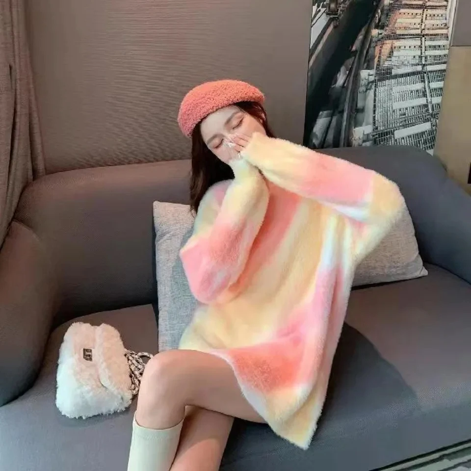 Sweet Gentle Rainbow Gradient Imitazione Maglione Di Visone Donna Outside Wear Maglione Lungo E Caldo Sciolto Autunno Inverno Soft Waxy Knit Tops