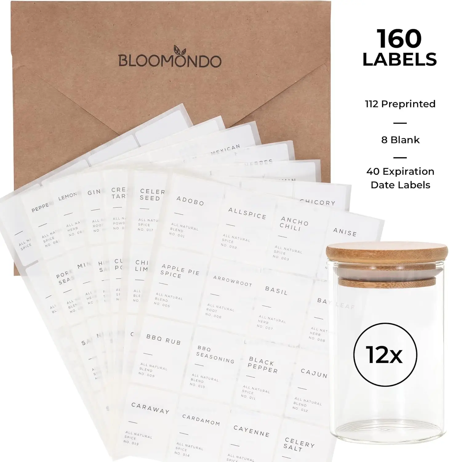 Empty Spice Jars with Label Pack (12x Bamboo Lid Glass Jar). Small 6oz Spice  Bottles with 112 Printed Spice Stickers and 48 Wri 2