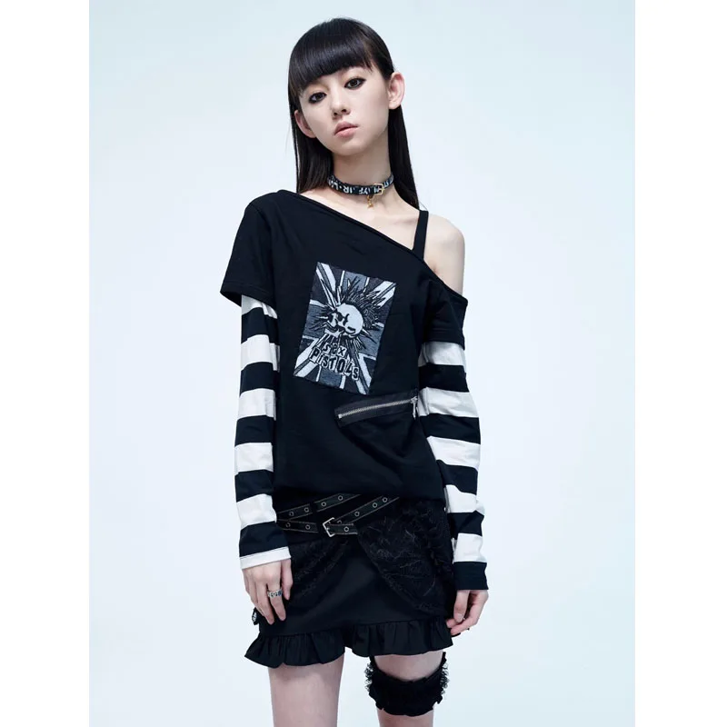 

Deeptown Harajuku Gothic T-shirts Women Japanese Y2k Streetwear Sexy Off Shoulder Tops Black Goth Punk Long Sleeve Striped Tees