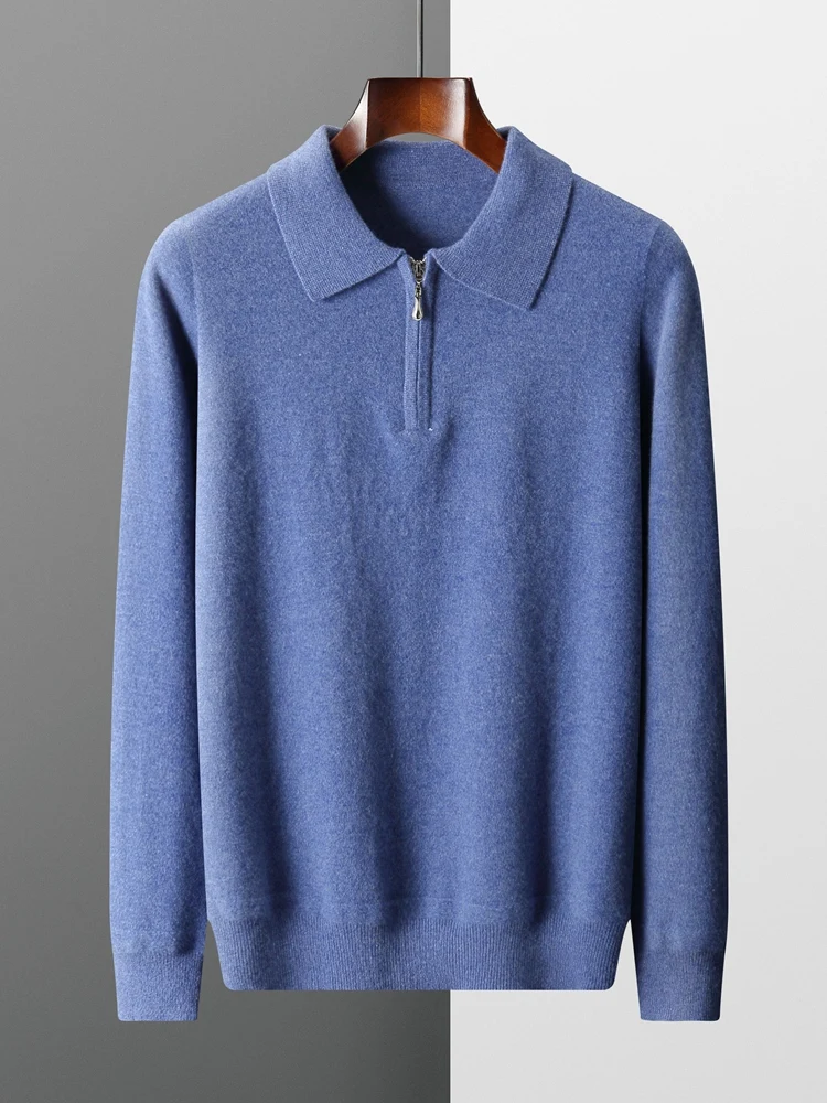 CHICUU Men Polo Cashmere Sweater Zipper Smart Casual Pullover 100% Merino Wool Knitwear Autumn Winter Soft Comfy Basic Tops 2