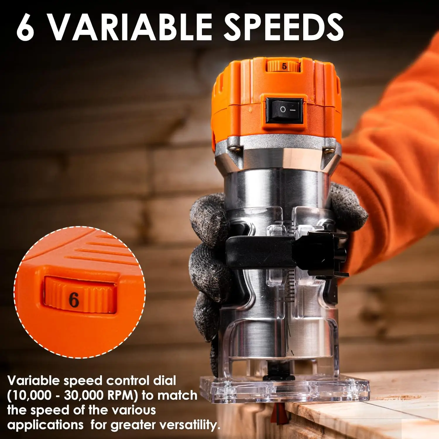 Compact Router, 6.5-Amp 1.25 HP Compact Wood Palm Router Tool, 6 Variable Speeds Wood Trimmer with 15 Pieces 2