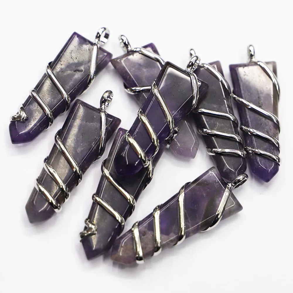 Fashion Natural Stone Multicolor Multilateral Wire Arrow Necklace Pendant Mineral Cure Charms Jewelry Accessories Wholesale 4Pcs