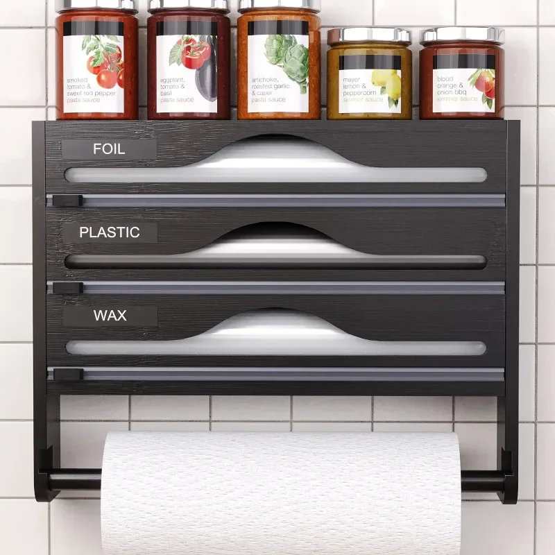 Bamboo Dispenser with Tissue Holder 3-Tier Kitchen Organizer for Foil Plastic Wrap Wax Built-in Cutter Storage Rack Home Use