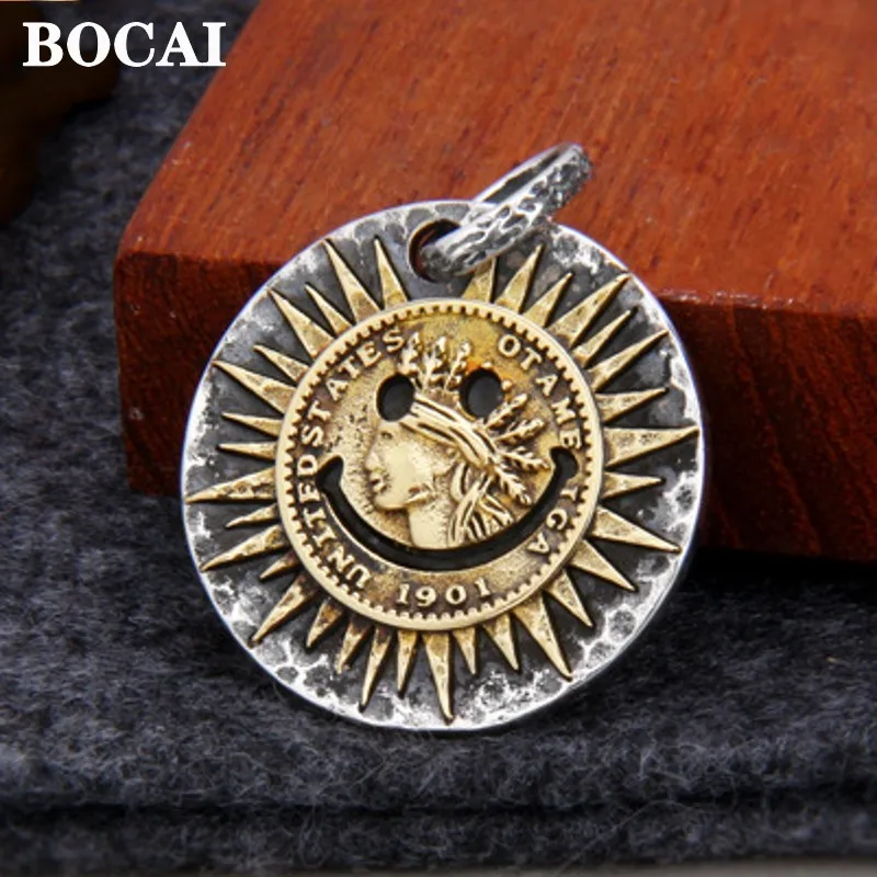 

Ювелирные изделия BOCAI из настоящего серебра S925 пробы, ретро, подвеска круглой формы с улыбающимся лицом, индивидуальный модный подарок для мужчин и женщин