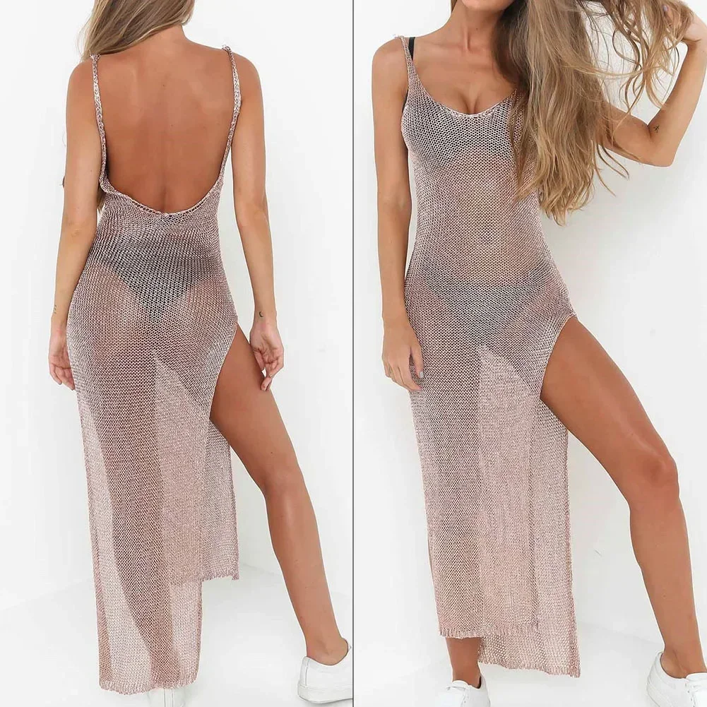 Swimsuit cover up Swimsuit coverup Fishnet cover up Women Sexy Mesh Beach Dress Sheer Long Cover Up Knitted Glitter Tunic Female Golden Swimsuit Bikini Sarong Swimwear Sling Dress