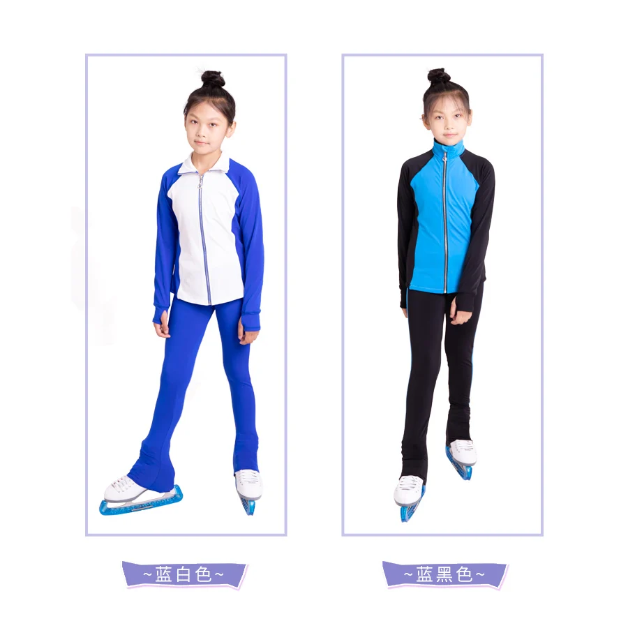 New Ice Figure Skating Jacket Pants Women Girl Trousers Top Black Teens Children Kids Colored Blue Rhinestones Training