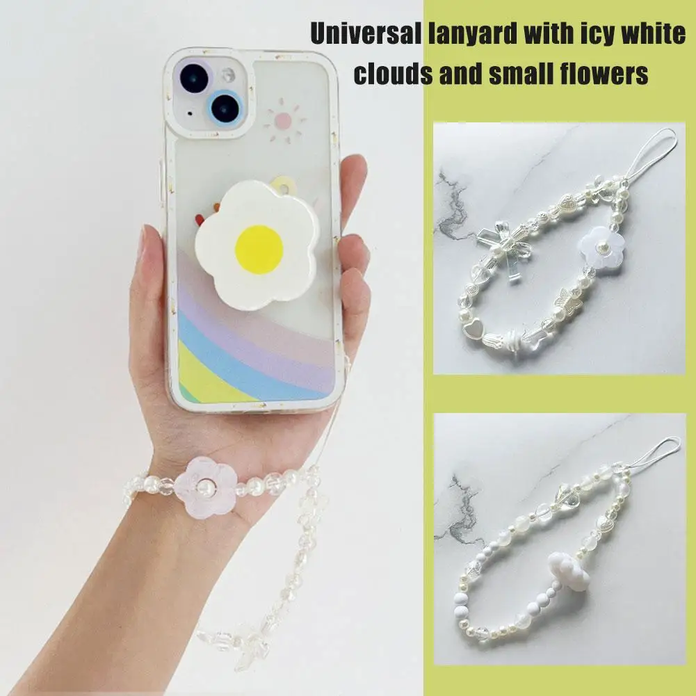 Ice trasparente White Cloud Flower Lanyard Women Girl Decoration Phone Holder Flower Hanging Pendant Bow accessori Jewelr R8W8