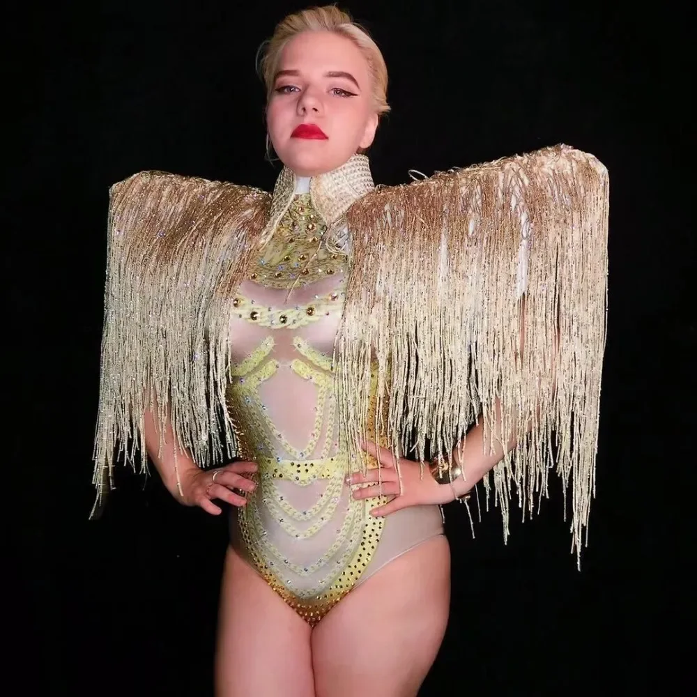 

Nightclub Party Stage Wear Dancer Singer Bodysuit Gold Tassel Cape Sparkling Crystals Jumpsuit Women Sexy Stage costume