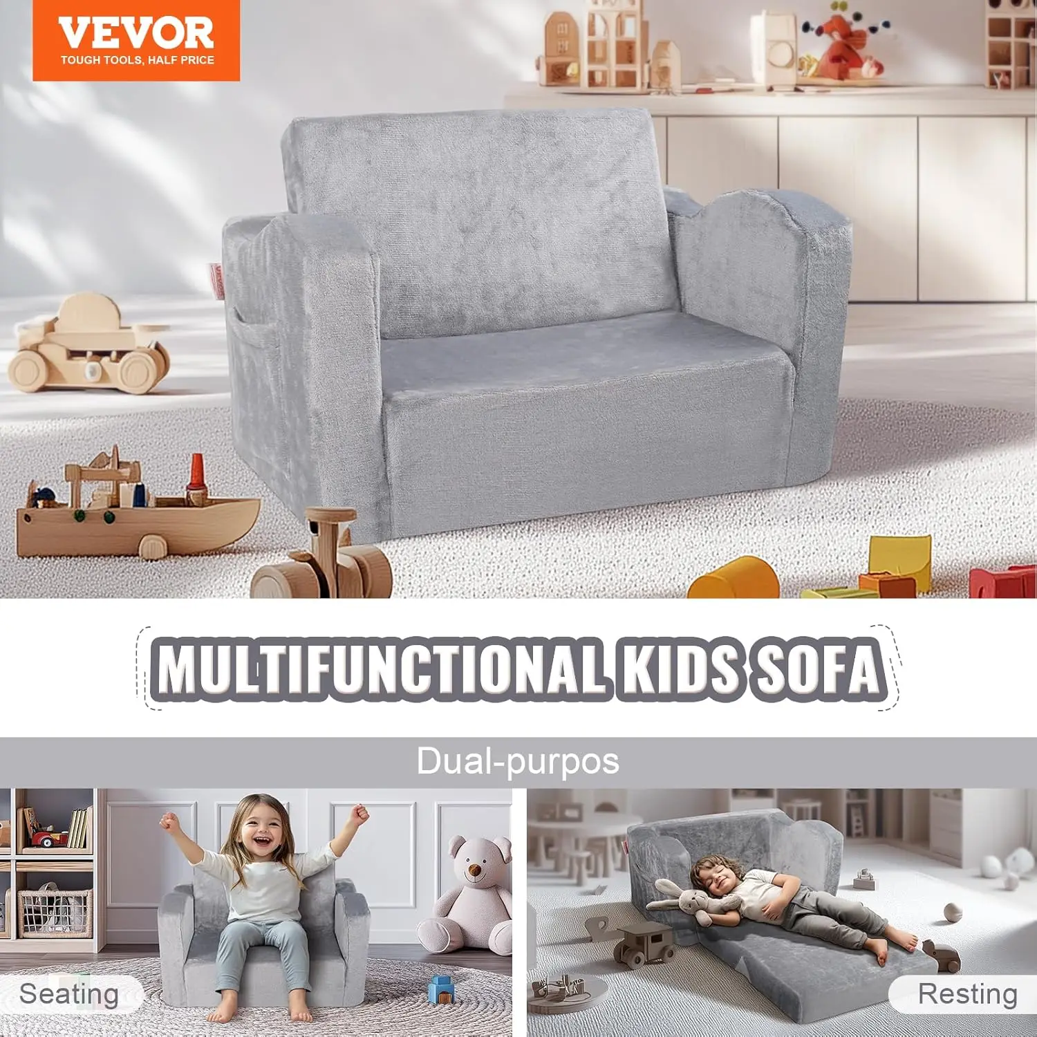 Kids Couch, Toddler Chairs Comfy, 2-in-1 Toddler Couch Sofa Bed Fold Out, Convertible Sofa to Lounger 4