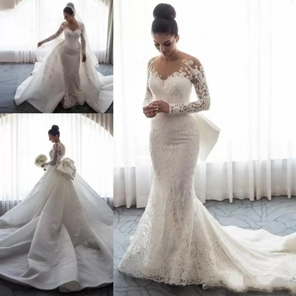 

Vintage Mermaid Wedding Dresses Detachable Train Jewel Full Sleeve Lace Appliques Bridal Gown