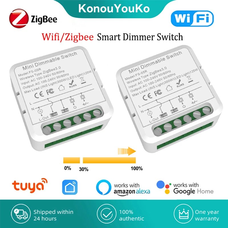 

Tuya ZigBee WiFi Smart Dimmer Switch Module Supports Two Way Control Breaker Works with Alexa Alice Google Home, Need Neutral