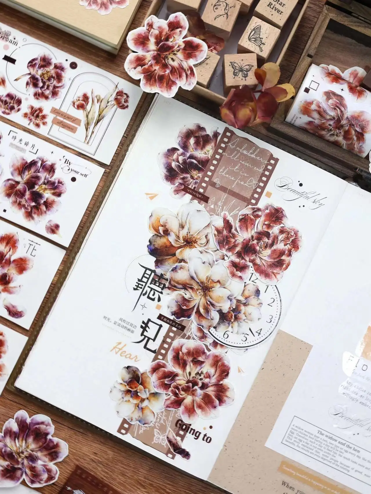 Vintage Tulip Peony Floral Washi PET Tape for Planner Card Making DIY Scrapbooking Plan Decorative Sticker
