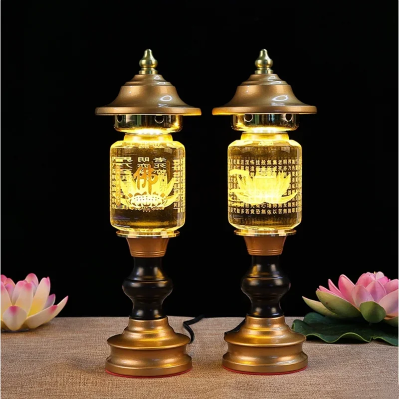 Fotai Changming Lamp, Household LED Crystal Lotus Lamp, Heart Sutra Buddha Offering Lamp, Prayer, Feng Shui, Buddha Utensils